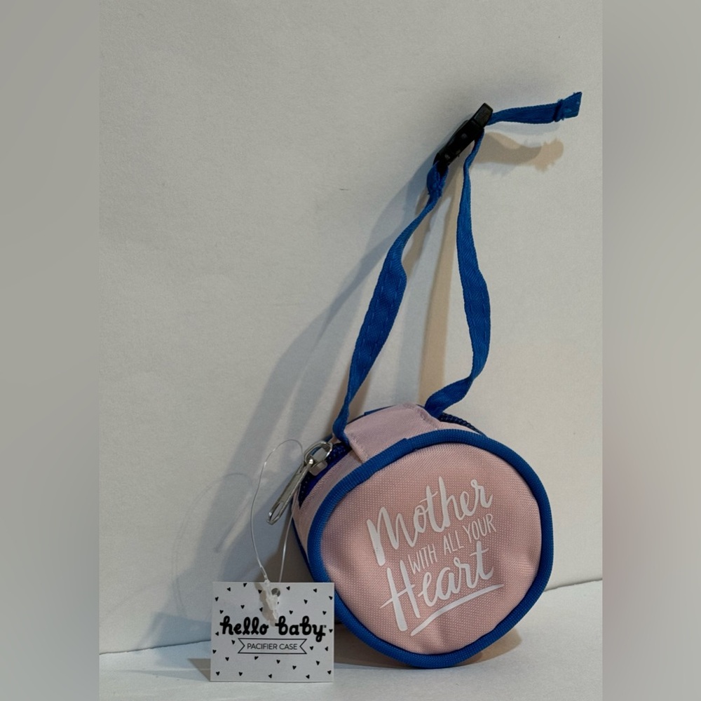 NWT Pacifier Case  Pink W/ Blue Strap/Zipper Says Mother With All Your Heart